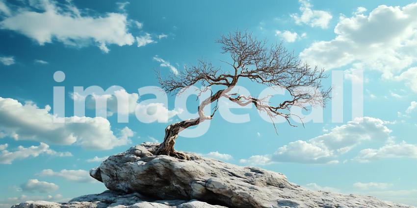 Resilience Lone Tree on Rocky Outcrop Against Vivid Blue Sky  Na