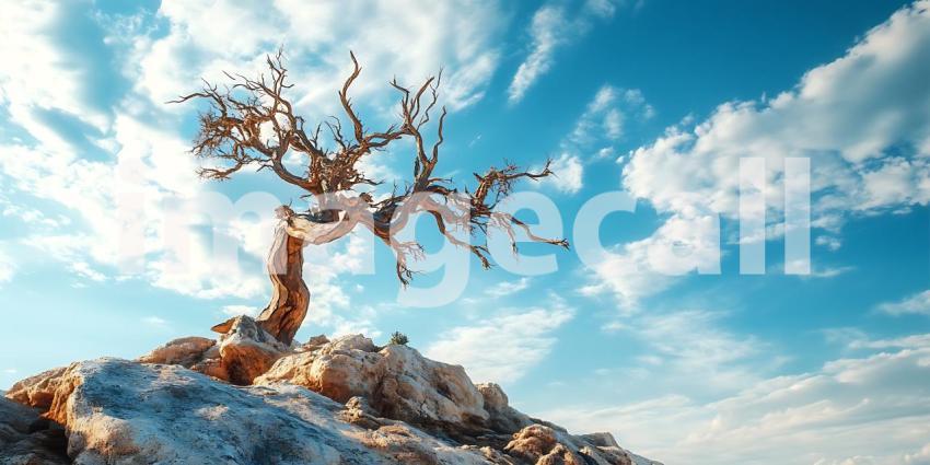 Dramatic Twisted Tree Landscape Vibrant Sky Rocky Terrain