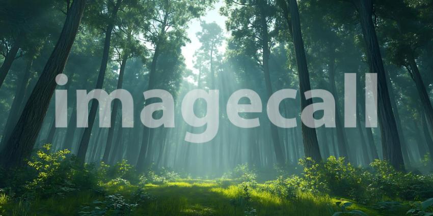 Mystical Forest Sunbeams Through Lush Green Canopy  Nature Photo