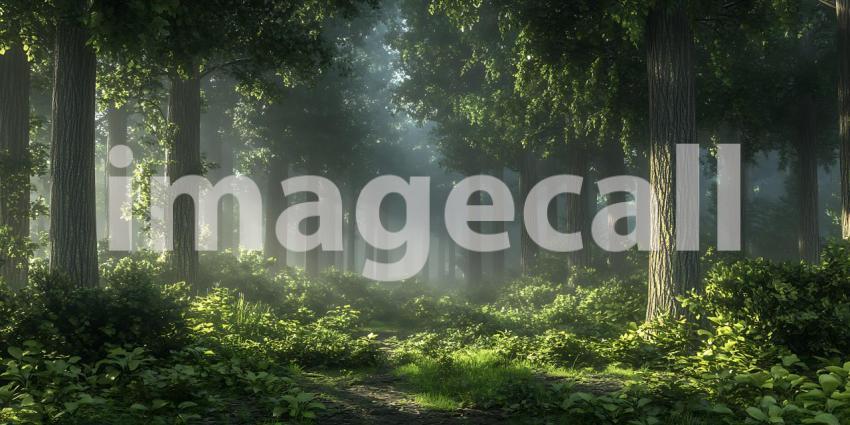 Mystical Forest Sunlit Path Through Lush Greenery