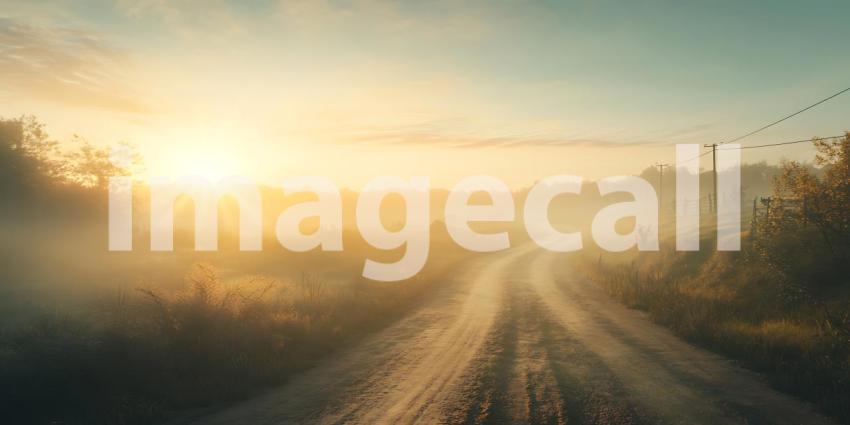 Misty Sunrise Road Scenic Countryside Path at Dawn