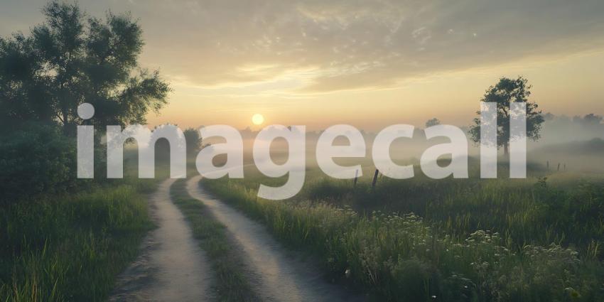 Misty Sunrise Rural Road and Serene Landscape Photography