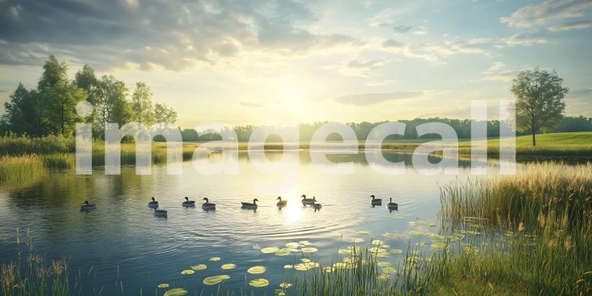 Serene Sunset Landscape Tranquil Pond  Lush Greenery
