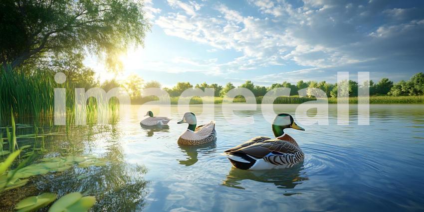 Majestic Ducks at Sunrise Serene Pond Landscape