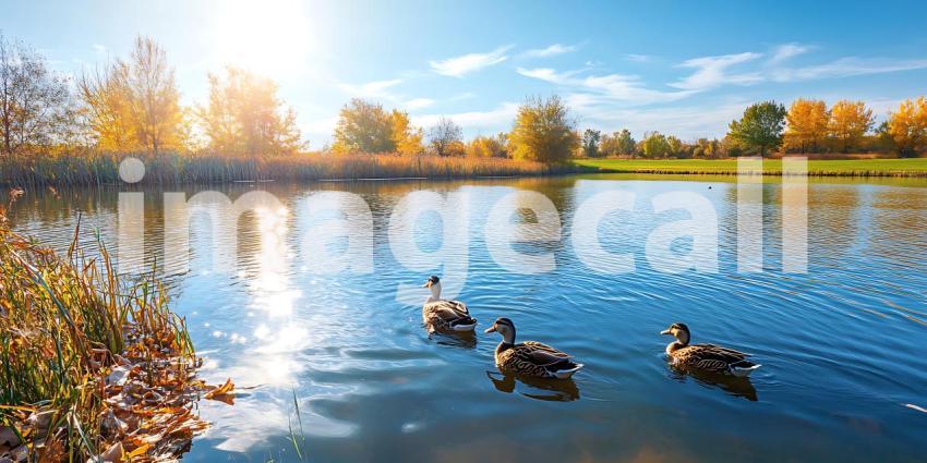 Autumn Pond Scene Ducks Trees and Golden Leaves  Nature Photogra
