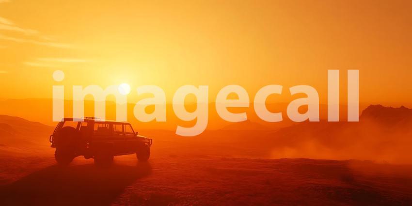 Safari Sunset African Adventure Vehicle Silhouette at Golden Hou