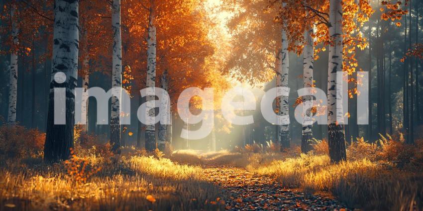 Autumn Birch Forest Sunlit Path Golden Leaves Nature Scene