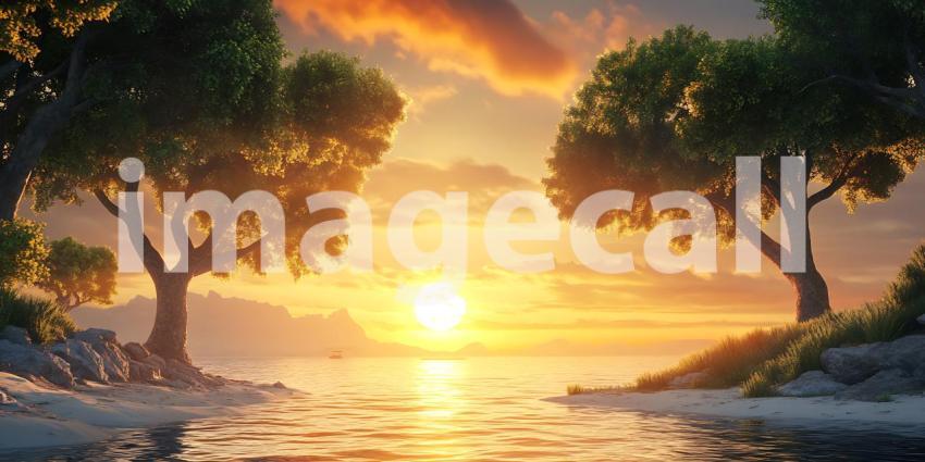 Majestic Sunset Serene Landscape with Tranquil Waters and Silhou
