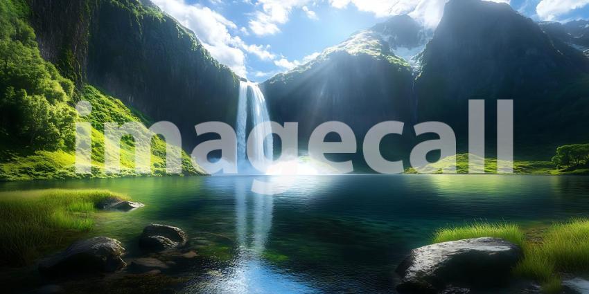 Serene Waterfall Landscape Lush Greenery and CrystalClear Water