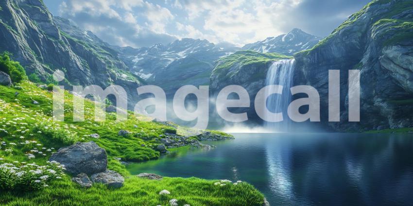 Serene Waterfall Landscape Lush Greenery Tranquil Pond Misty Mou