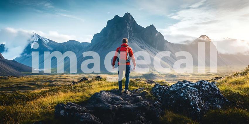 Majestic Mountain Landscape Adventurer Contemplating Scenic Vist