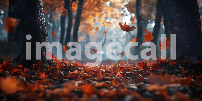 Autumn Forest Scene Mystical Fall Foliage Red Leaves Nature Phot