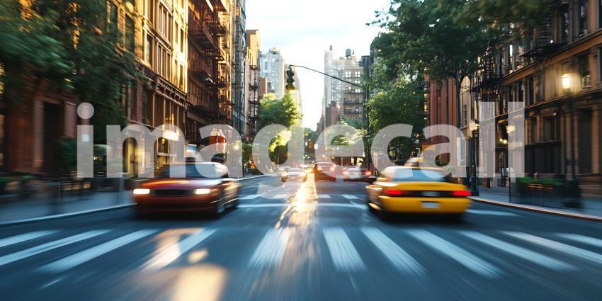 NYC Street Scene Yellow Cab and Cityscape at Sunset