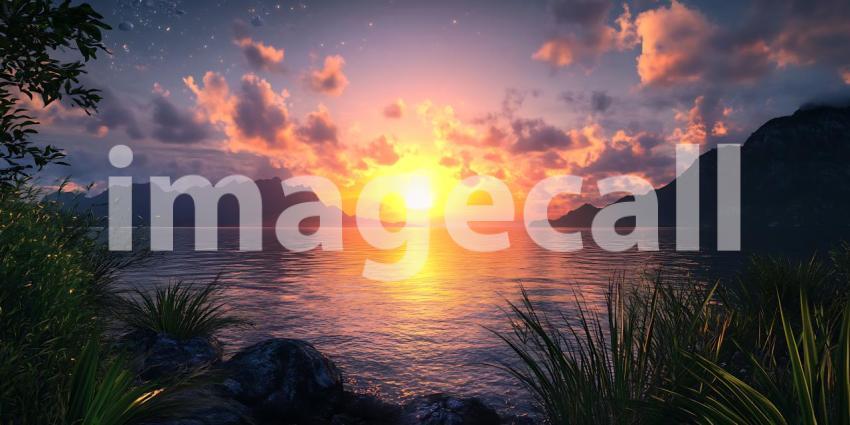 Vibrant Sunset Landscape Mountain Ocean and Sky Photography