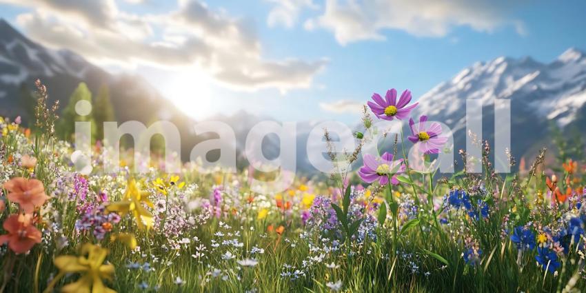Vibrant Alpine Meadow Sunlit Wildflowers  Majestic Mountain View