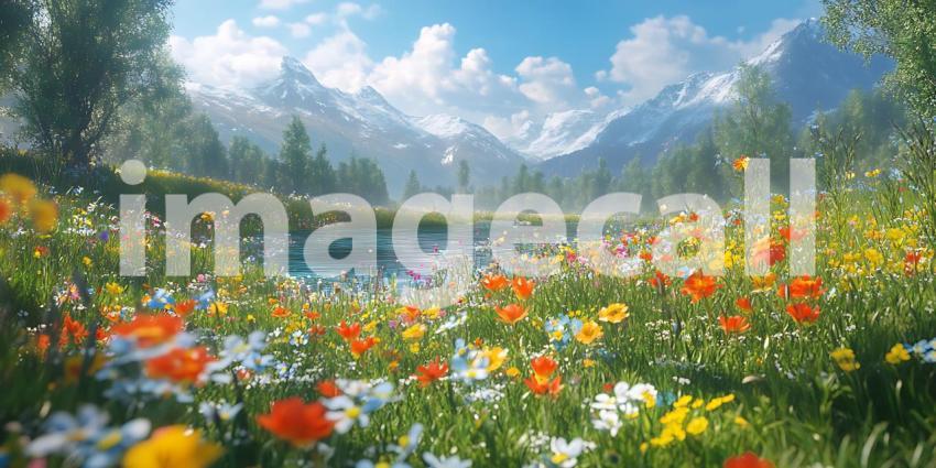 Vibrant Spring Meadow Majestic Mountain Scenery