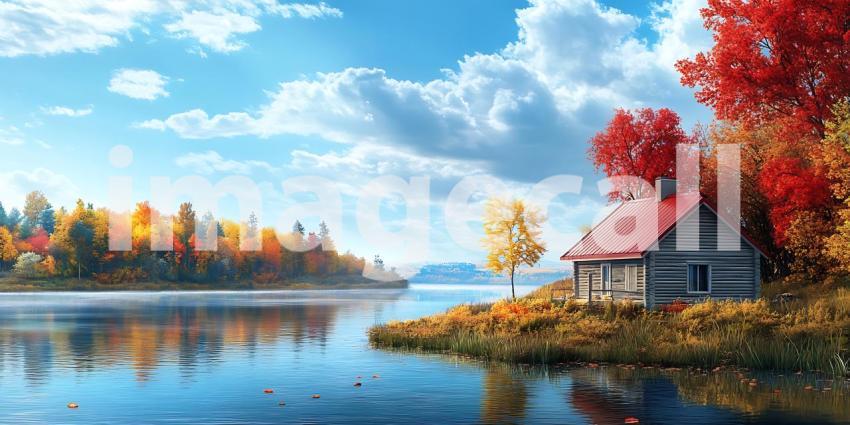 Autumn Lakeside Cabin Vibrant Fall Foliage and Scenic River View