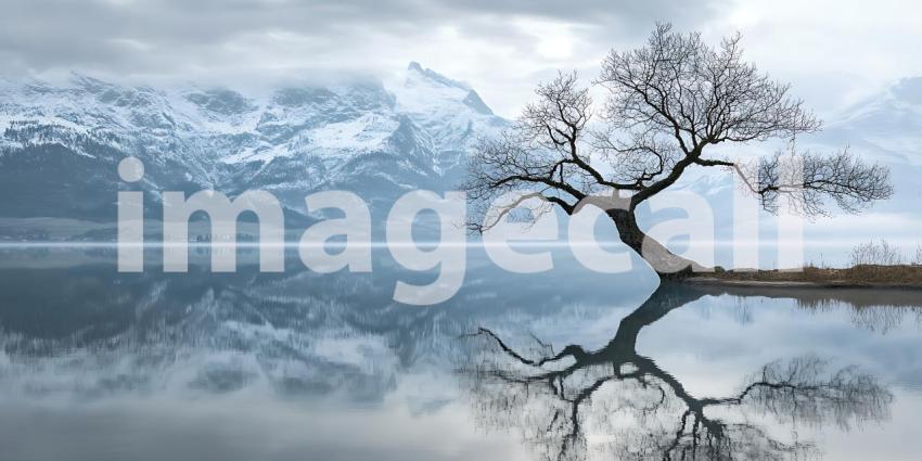 Serene Winter Landscape Lone Tree Reflecting in Calm Water