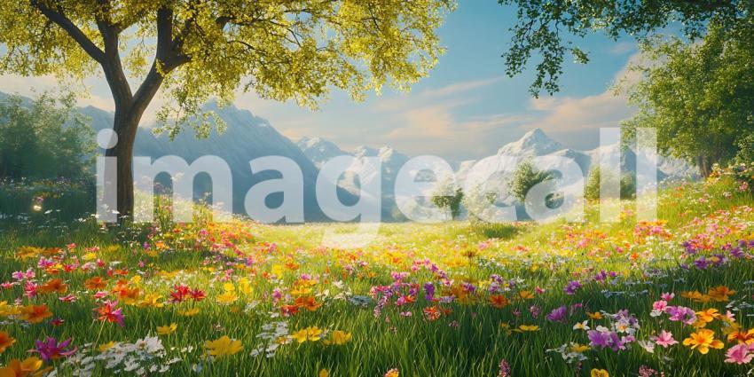 Vibrant Spring Meadow Landscape Mountain View Colorful Flowers