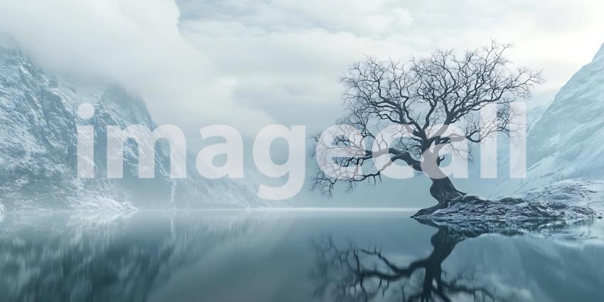 Serene Winter Landscape Lone Tree by Misty Lake