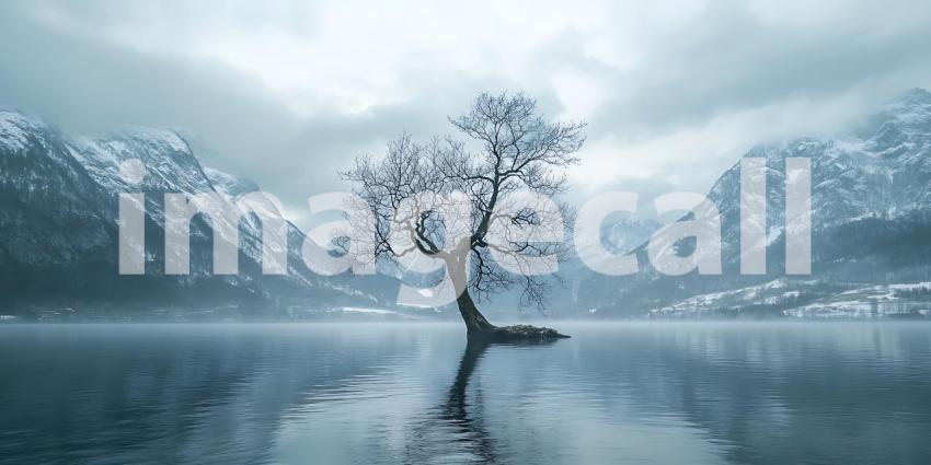 Stunning Winter Landscape Solitary Tree by Frozen Lake  Mountain