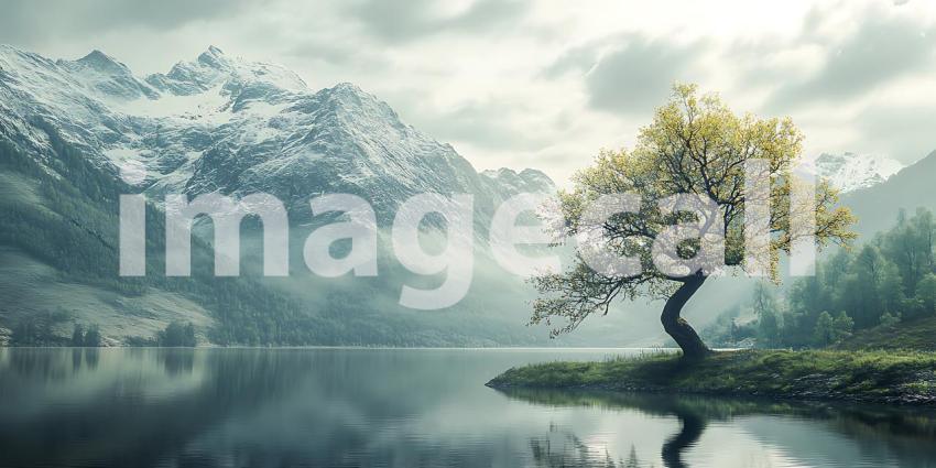 Serene Mountain Lake with Solitary Tree A Peaceful Landscape