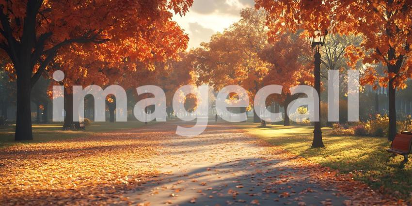 Autumn Park Path Sunlit Fall Foliage Scene