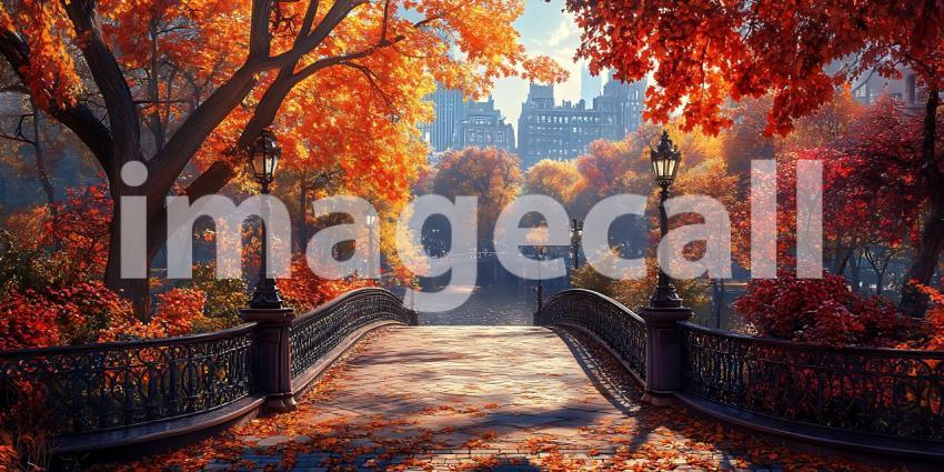 Autumnal Park Path Vibrant Fall Foliage Cityscape View Scenic Wa