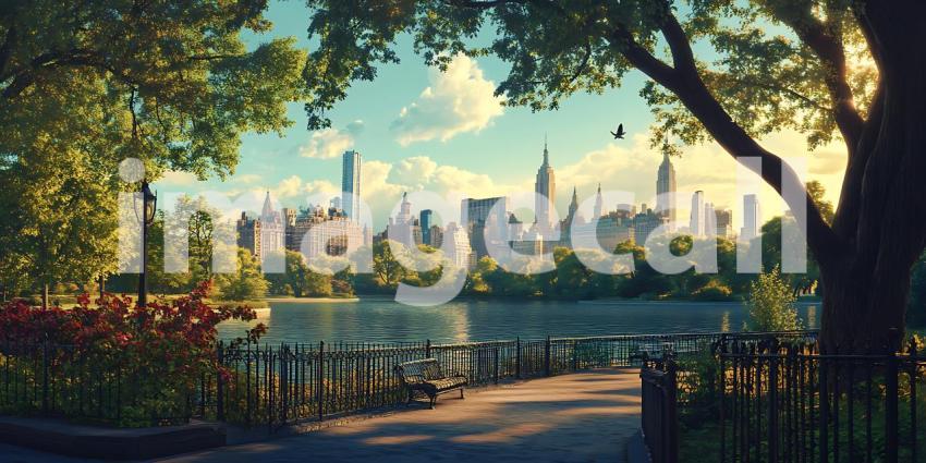 Serene Cityscape Park View and Urban Skyline