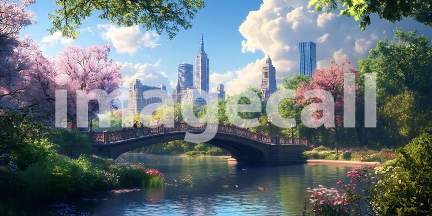 Vibrant City Park Spring Blossoms  Urban Skyline