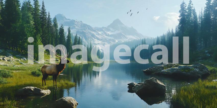 Majestic Elk in Mountain Lake Serenity Scenic Nature Photography