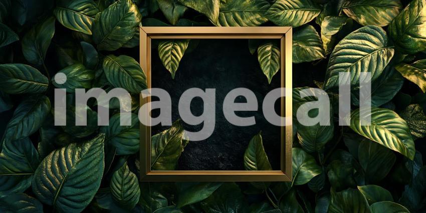 Luxury Gold Frame in Lush Greenery Emerald Leaves Background