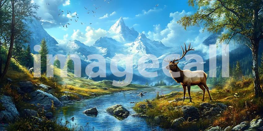 Majestic Elk in Mountain River Landscape Digital Painting