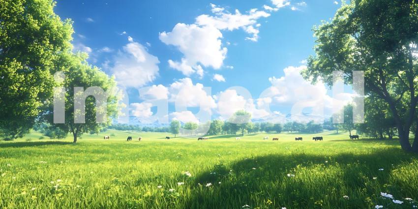 Serene Summer Meadow Landscape Vibrant Green Field Under a Sunny
