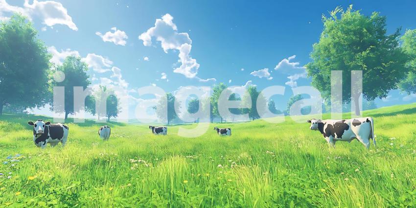 Idyllic Pastoral Scene Cows Grazing in Sunny Meadow
