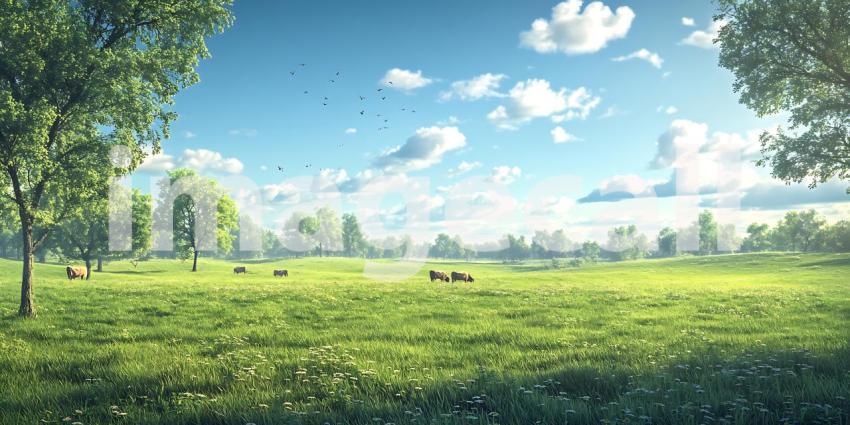 Serene Landscape Lush Green Meadow Sunny Sky Pastoral Scene