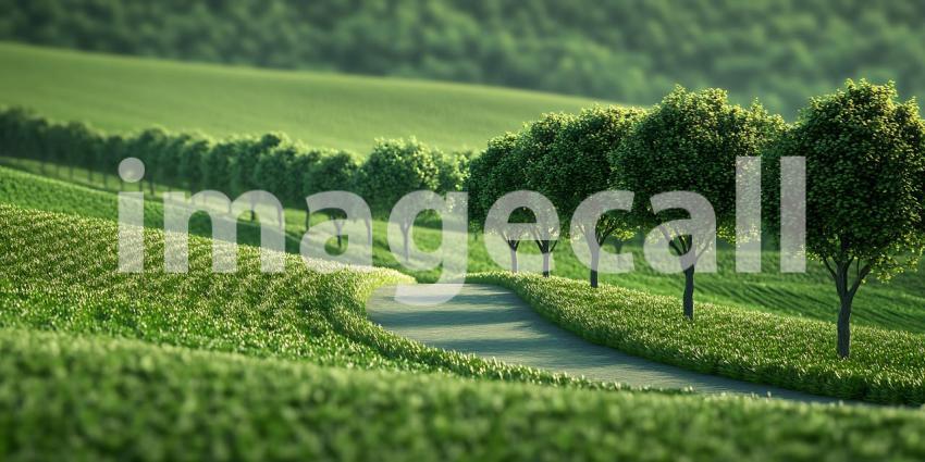 Serene Countryside Picturesque Pathway Through Lush Green Fields