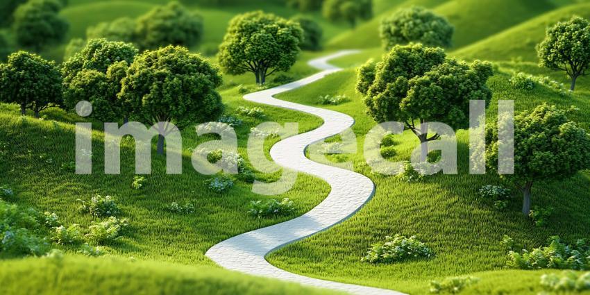 Winding Path Through Lush Green Landscape Scenic Nature Photogra