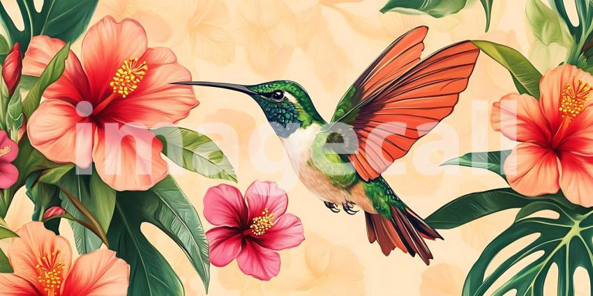 Hummingbird and Hibiscus Vibrant Tropical Watercolor Art Print