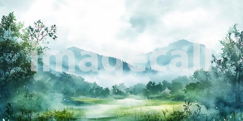 Misty Mountain Landscape Serene Watercolor Painting of Nature Sc