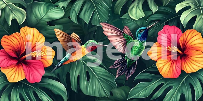 Vibrant Tropical Hummingbirds and Hibiscus Flowers Lush Jungle A