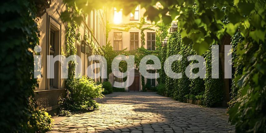 Sunlit European Alleyway Lush Greenery Cobblestone Path Old Buil