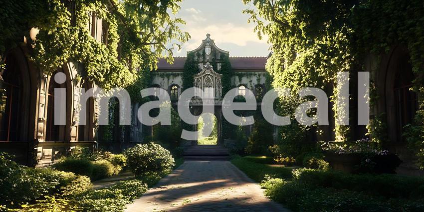 Enchanted Estate A Serene Garden Path to a Mysterious Mansion