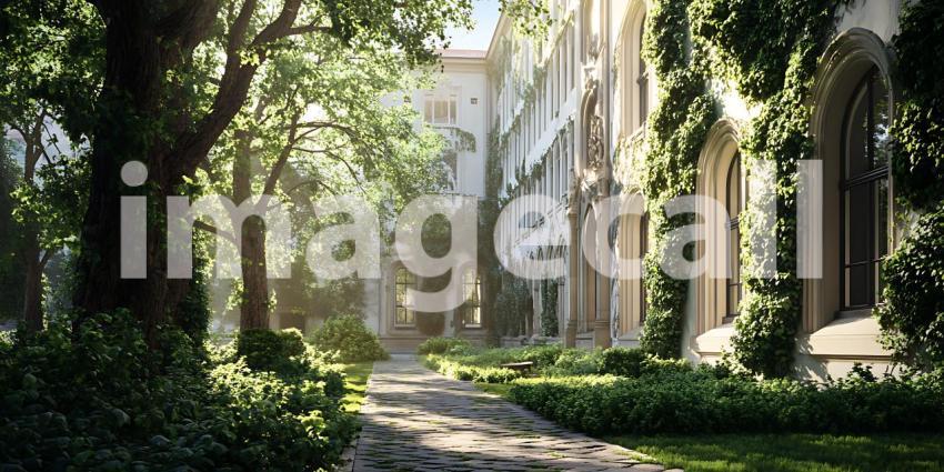 Sunlit Alleyway Lush Greenery and Classic Architecture