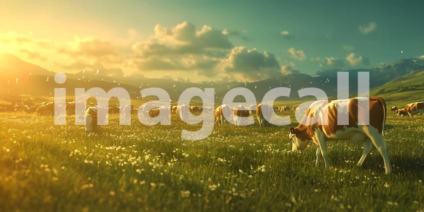 Serene Sunset Cows Grazing in a Lush Alpine Meadow