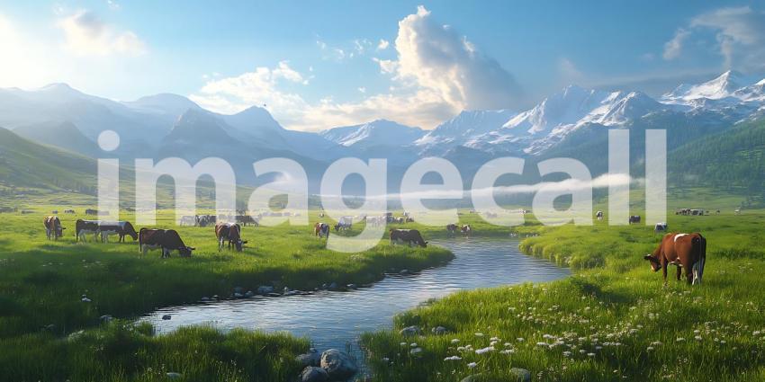 Mountain Meadow Landscape Cattle Grazing near Stream