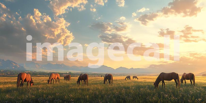 Epic Sunset Landscape Horses Grazing in a Serene Meadow