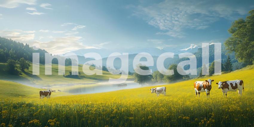 Serene Mountain Pasture Cows Grazing in a Vibrant Field