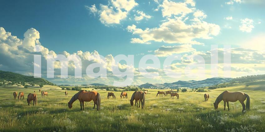 Peaceful Ranch Horses Grazing in Sunny Pasture