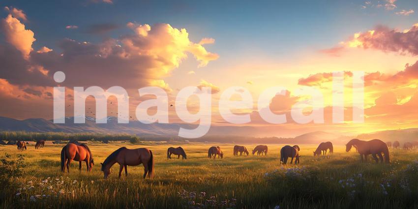 Majestic Horses at Sunset A Serene Prairie Landscape
